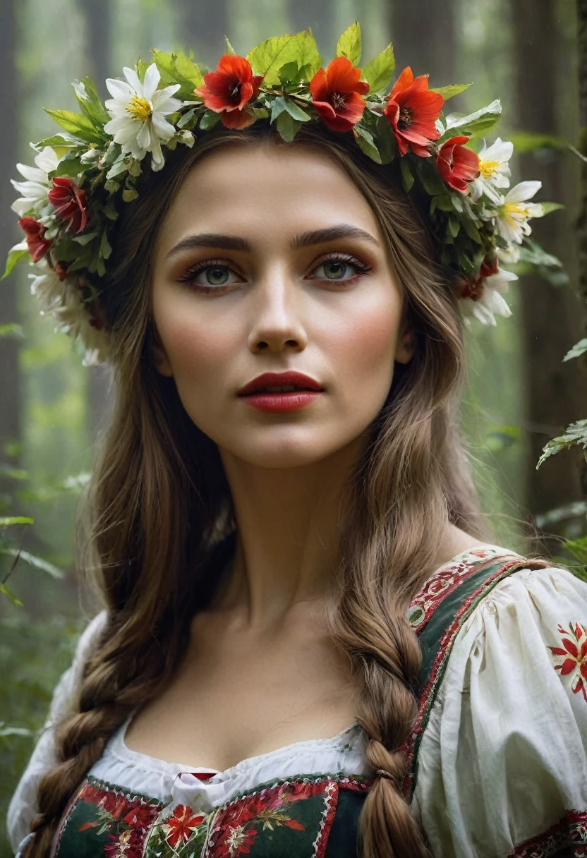 Vintage poster of a beautiful Slavic woman’s face in traditional slavic costume, flower crown, dancing in the forest, realistic style, concept art, Gabriele Dell'otto, Style AI Midjourney,