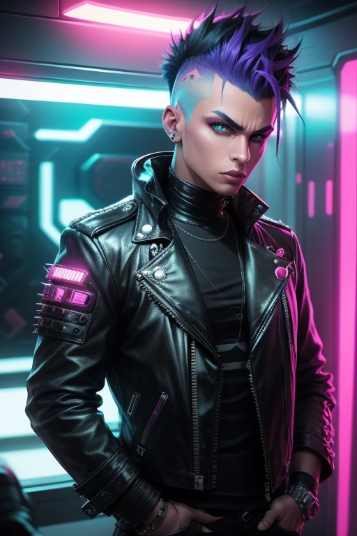An image of a punk with a mohawk, dressed in a leather jacket with studs, in a futuristic style. The punk is standing against the backdrop of a sci-fi city with neon lights and cyberpunk elements. In the top right corner, the image features a bright, striking inscription 'НАУЧПАНК' in Russian, styled in cyberpunk with neon colors.