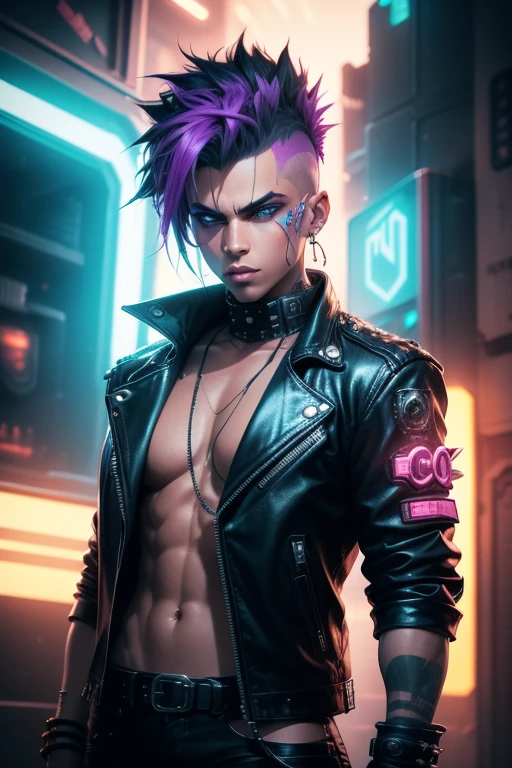 An image of a punk with a mohawk, dressed in a leather jacket with studs, in a futuristic style. The punk is standing against the backdrop of a sci-fi city with neon lights and cyberpunk elements. In the top right corner, the image features a bright, striking inscription 'НАУЧПАНК' in Russian, styled in cyberpunk with neon colors.