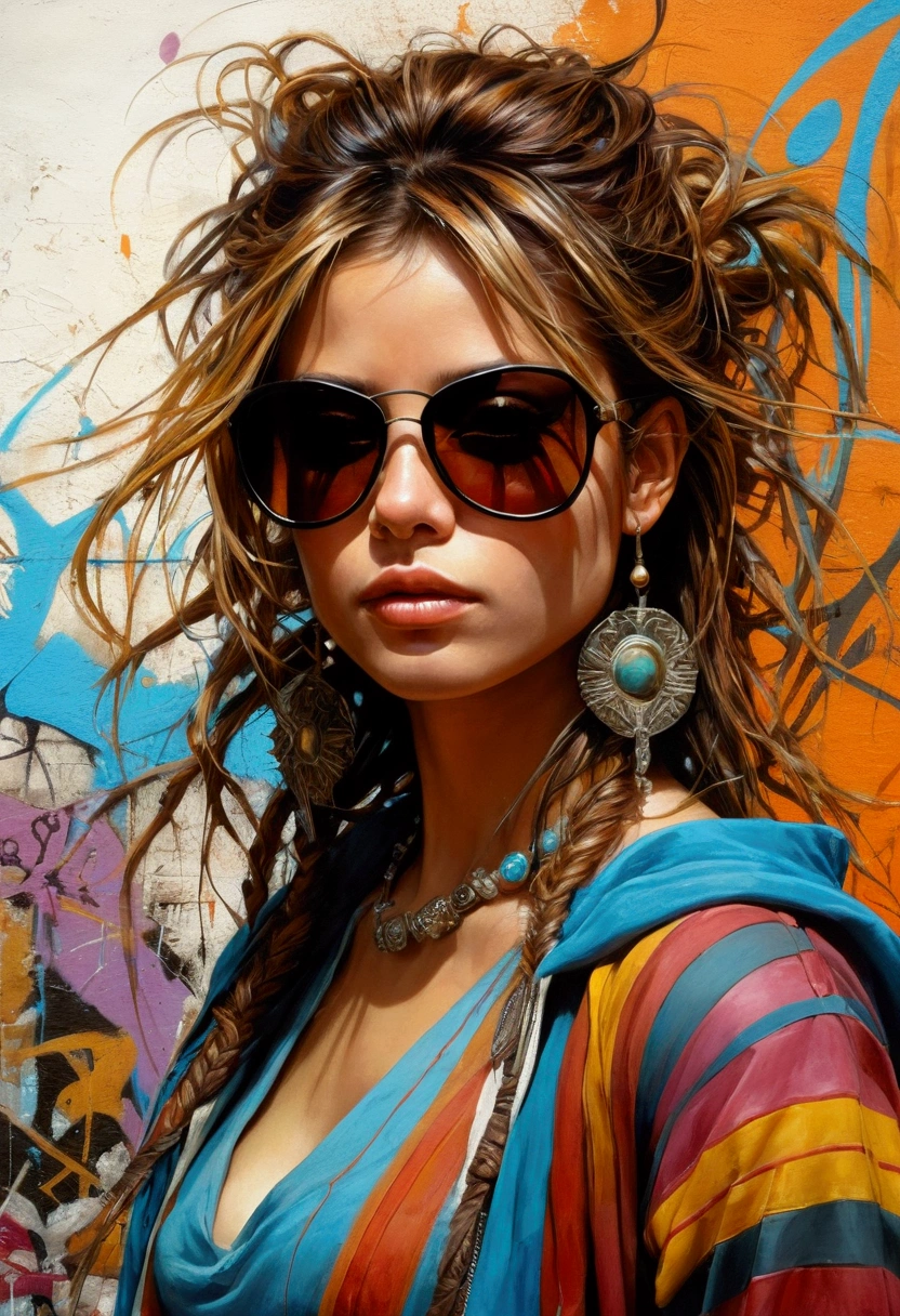 Girl wearing sunglasses, in dynamic composition, finely artistic random pose, airbrush and graffiti techniques, striped painting, style Jose Royo, Boris Vallejo, Carne Griffiths, Brian Froud, Mike Deodato, atmosphere happines, highly detailed, filled with hidden details, hyper realistic, in the style of wallpaper portraits, bold and colorful graphics, realistic attention to detail, highly detailed and colorful realism --chaos 40 --ar 9:16 --stylize 300