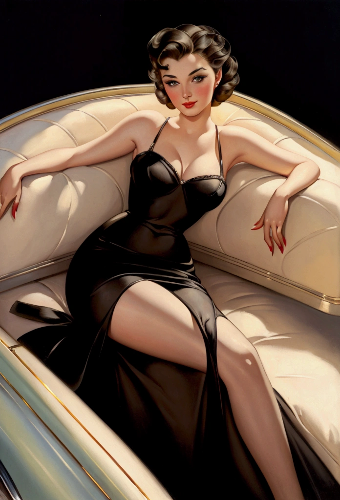 An elegant lady from the 50s, elegantly dressed, leaning back in a period sedan. Vintage. Style by Alberto Vargas, oil painting, work of art.