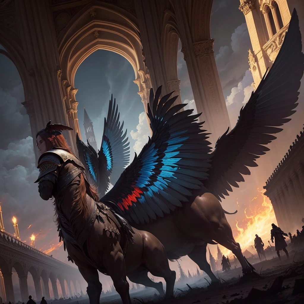 ((masterpiece), best quality, high quality, professional quality, highly detailed, highres, perfect lighting, natural lighting), phoenix, bursting into flames, taking flight from castle tower