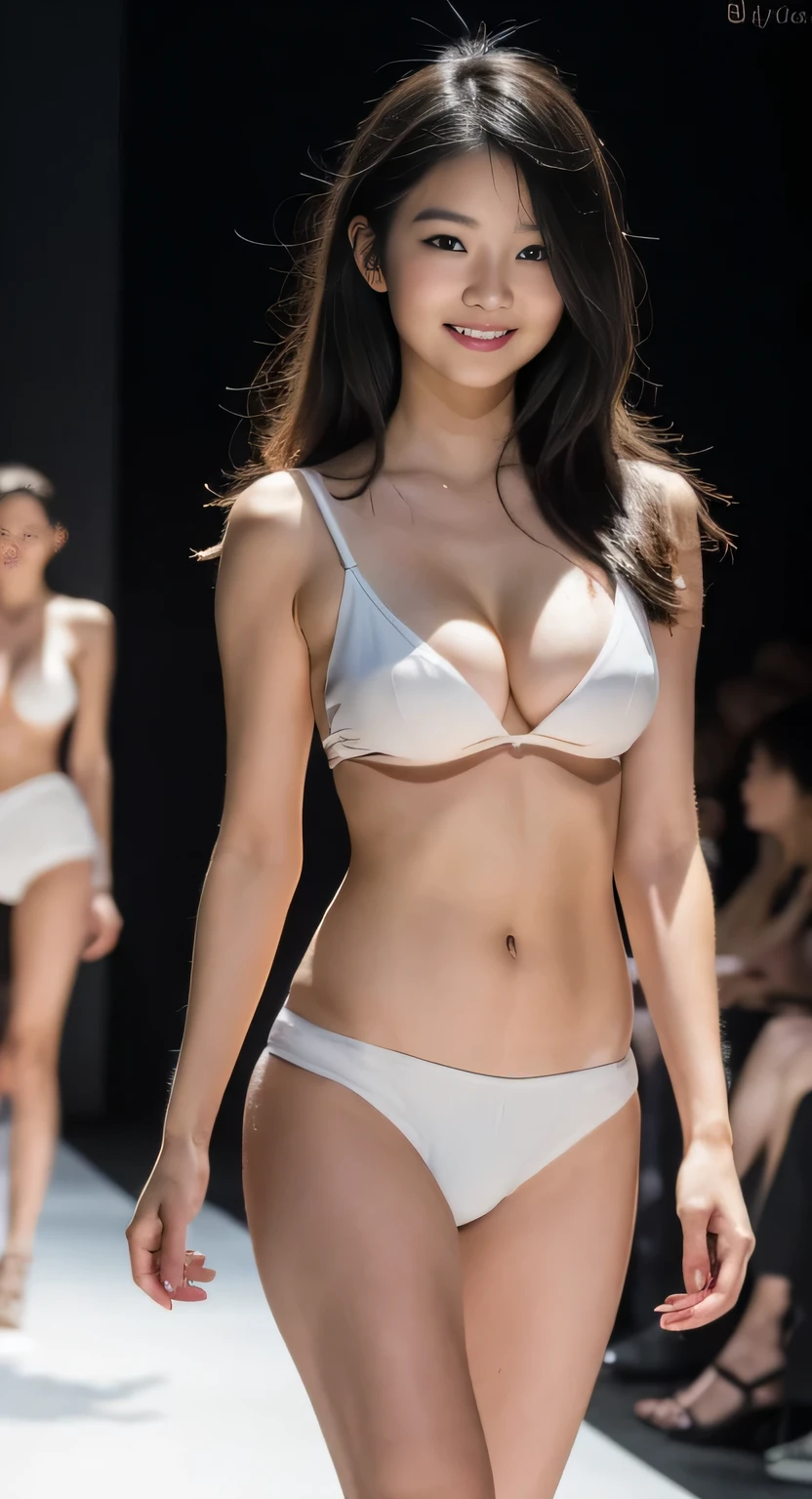 (8k, highest quality, ultra detailed:1.37), (Hana), 18yo, (a beautiful fashion model), struts confidently on the runway during a prestigious fashion week event. Naked, nude, shiny nipple, show armpit, Hana's elegance and poise captivate the audience. The high-resolution image captures ultra-detailed realism, highlighting Hana's captivating eyes, flawless complexion, and fashionable hairstyle. The glamorous runway and stylish set design add to the visual appeal, creating a visually stunning representation of Hana's success in the fashion industry. Short hair