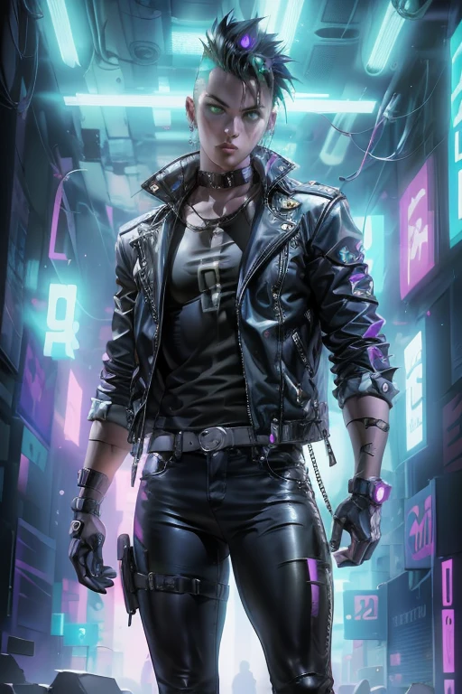 An image of a punk with a mohawk, dressed in a leather jacket with studs, in a futuristic style. The punk is standing against the backdrop of a sci-fi city with neon lights and cyberpunk elements. In the top right corner, the image features a bright, striking inscription 'НАУЧПАНК' in Russian, styled in cyberpunk with neon colors.