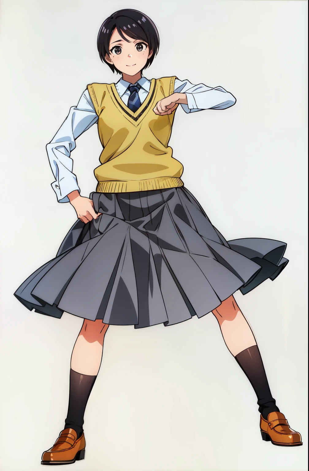 (white background:1.0), (best quality:1.0), (masterpiece:1.0), (super fine illustration:1.0), (beautiful artwork:1.0), (anime screencap:1.0), (official art:1.0), (solo:1.0), (a 18yo cute girl:1.0), (long skirt:1.0), (gray skirt:1.0), (pleated skirt:1.0), (khaki knit vest:1.0), (white long sleeve collared shirt:1.0), (dark blue necktie:1.0), (loafers:1.0), (black socks:1.0), (ideal ratio body proportions:1.0), (lanky:1.0), (tall:1.0), (slender:1.0), (small breasts:1.0), (smaller face:1.0), (freckles:1.0), (cheerful:1.0), (detailed beautiful eyes:1.0), (detailed beautiful face:1.0), (glowing black eyes:1.0), (very short hair:1.0), (swept bangs:1.0), (black hair:1.0), (standing:1.0), (looking at viewer:1.0)
