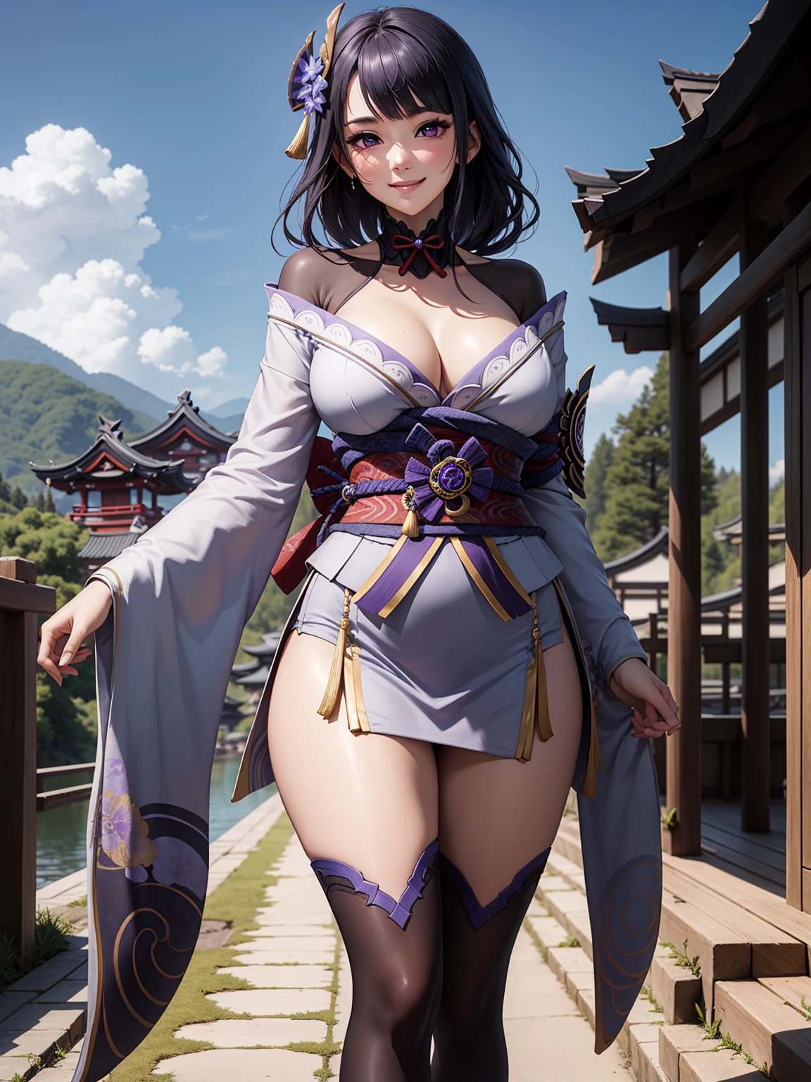 (Raidenshogundef), slim body, narrow waist, blush, official art, detail eyes, cg, standing, japanese village, (expansive landscape photography:1.2),perfect body, smile, colourfull, (large breasts),(thick thigh), view sky above