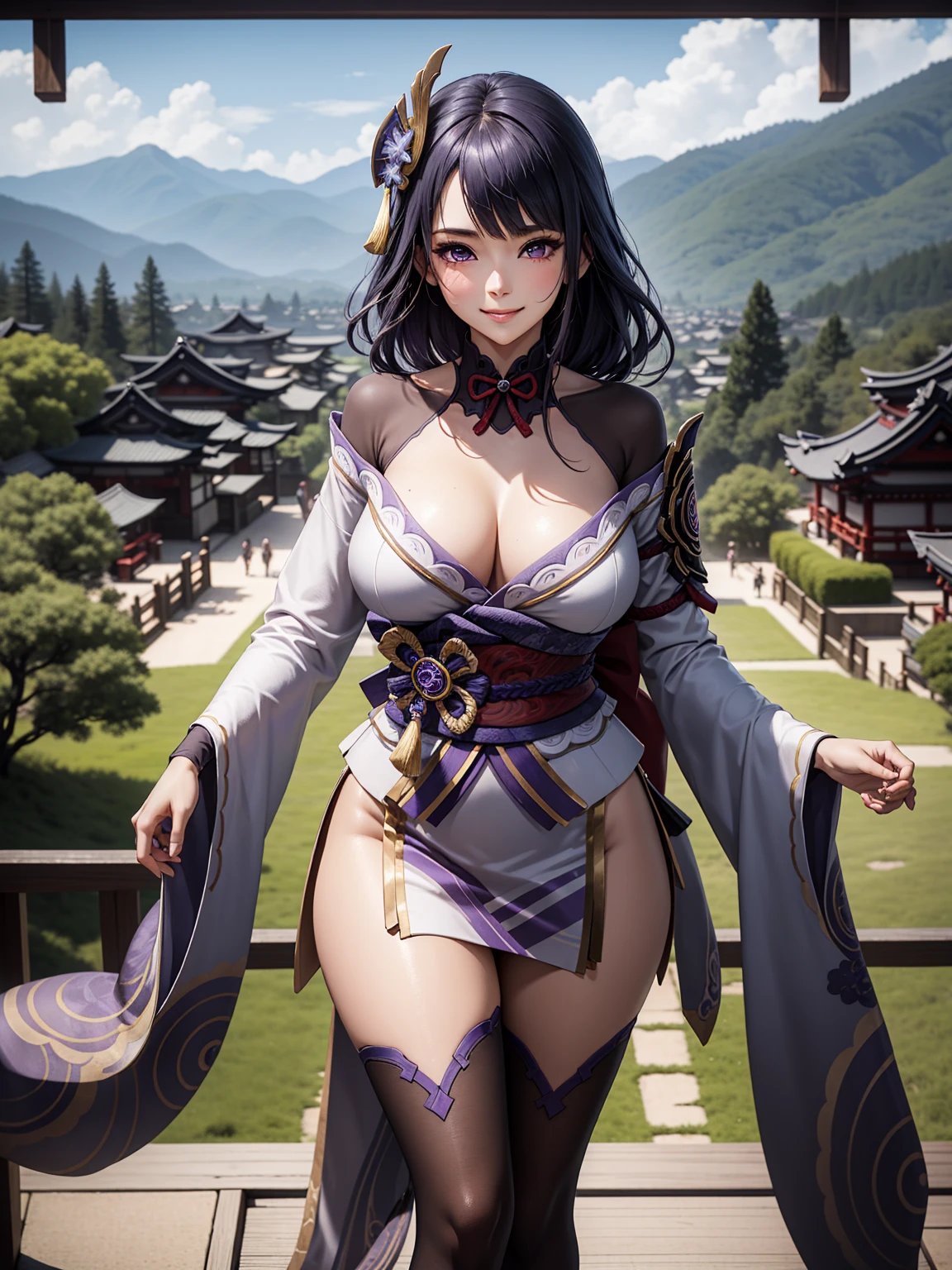 (Raidenshogundef), slim body, narrow waist, blush, official art, detail eyes, cg, standing, japanese village, (expansive landscape photography:1.2),perfect body, smile, colourfull, (large breasts),(thick thigh), view sky above