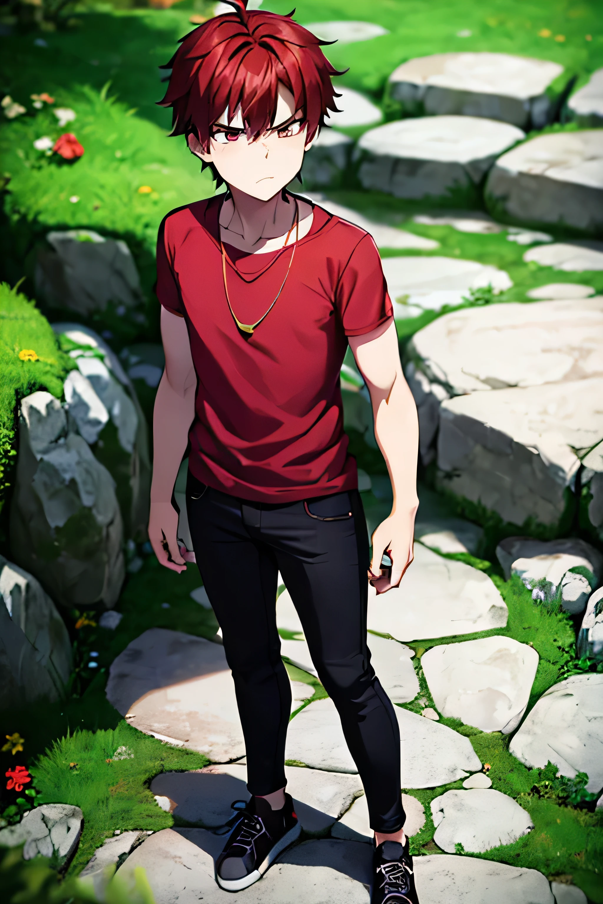 1boy, man, red hair, angry expression, ((gold eyes)), short hair, full body, hd, high quality, 4k, disgusted, 1boy, cave background, black jeans, red shirt, blacks shoes,dinamic pose, necklace with a star-shaped decoration around your neck, stand