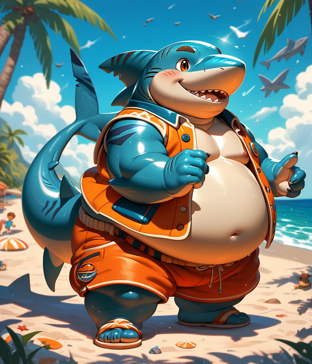(cute, Obese, Overweight male, anthro, shark), (detailed eyes, detailed mouth), luminiscent yellow eyes, nude, penis, fat pad, belly overhang,thick thighs, bioluminescent waterfalls cascading, intertwine with mystical forest, sky swirls with galaxies, constellations ethereal in nature, rich color palette, glowing elements highlight forest flora and fauna, stars shimmer, celestial phenomena, artwork infused with fantasy, dreamlike atmosphere, natural light 