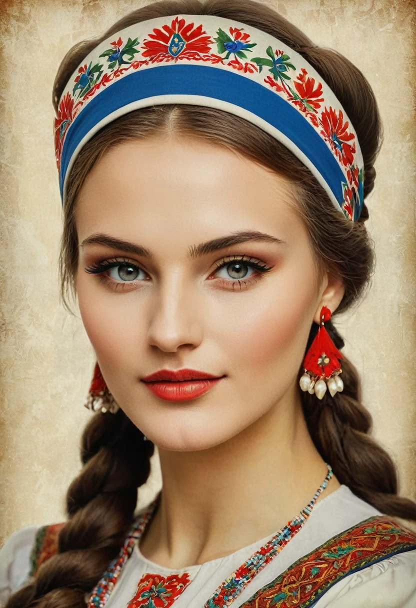 Vintage poster featuring the face of a beautiful Slavic woman in traditional Slavic costume,head band