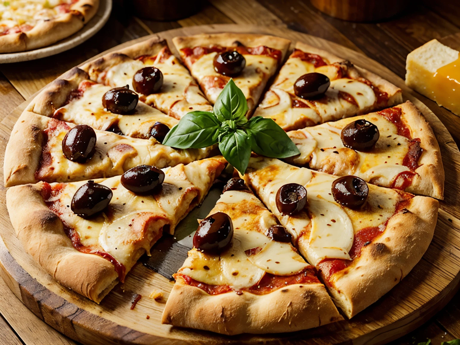 A realistic top-down photo of a delicious pizza, captured with a Canon R5. The pizza is perfectly round, with a golden-brown crust that's slightly charred on the edges, giving it a crispy look. The toppings are fresh and vibrant: slices of pepperoni, melted and stretchy cheese, basil leaves, black olives, and tomato slices. The pizza is placed on a rustic wooden pizza board with a worn and authentic appearance. The lighting is natural and soft, highlighting the textures and colors of the ingredients with subtle shadows to add depth. The entire pizza is clearly visible from above and does not occupy the entire frame of the image, allowing some of the wooden pizza board and background to be seen. The background is simple and blurred, keeping the focus on the pizza.