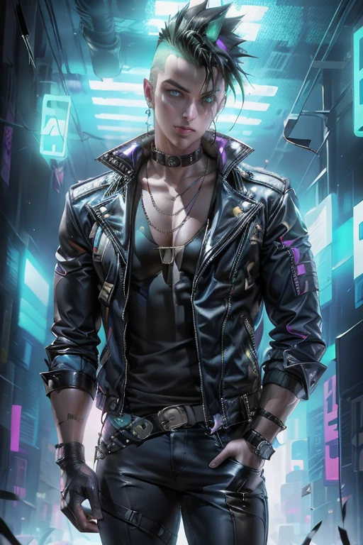 An image of a punk with a mohawk, dressed in a leather jacket with studs, in a futuristic style. The punk is standing against the backdrop of a sci-fi city with neon lights and cyberpunk elements. In the top right corner, the image features a bright, striking inscription 'НАУЧПАНК' in Russian, styled in cyberpunk with neon colors.