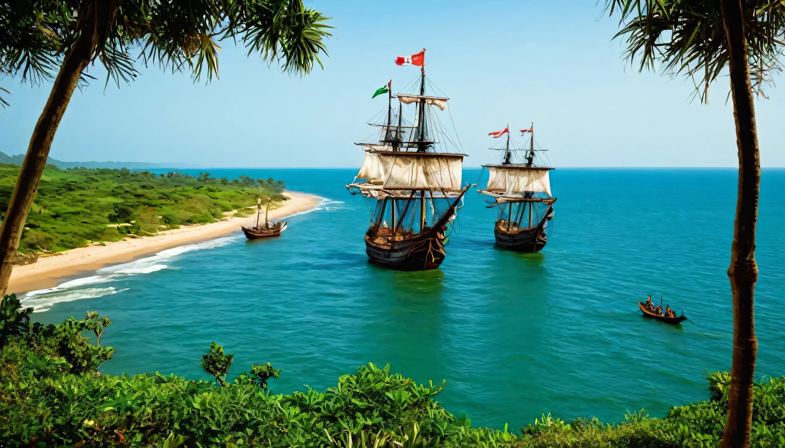 Illustrate the moment Vasco da Gama's ship approaches the coast of India. The ship is anchored near the shore, with lush, exotic landscapes in the background. Native boats and curious onlookers are seen approaching the Portuguese ship, highlighting the historic first contact between the European explorers and the Indian subcontinent.