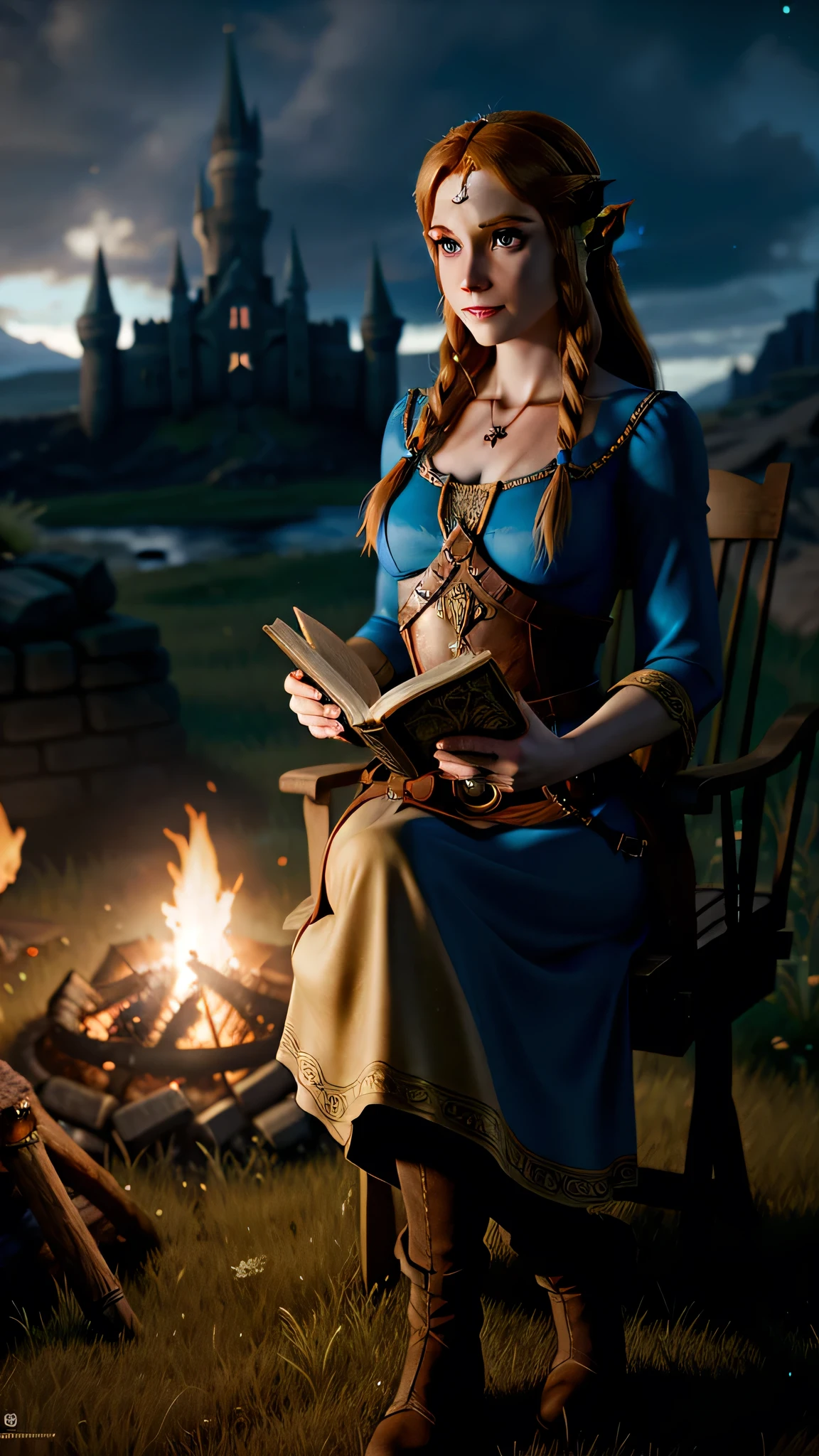 princess zelda reading a book beside a campfire, hyrule castle in the background cinematic lighting, steampunk style, 8k, super detailed