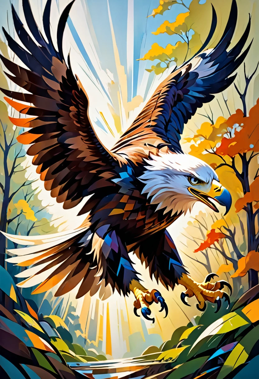 "Visualize an interpretation of an eagle.  To capture its movement and energy in a unique and abstract way. Incorporate bold colors and sharp angles, to convey a feeling of movement and tension. Play with perspective and layering, to create a multidimensional composition, which questions traditional notions of space and form. Be inspired by the avant-garde spirit and see nature in a fresh and innovative light.. Unleash your creativity, as you bring this imaginative scene to life on the screen 