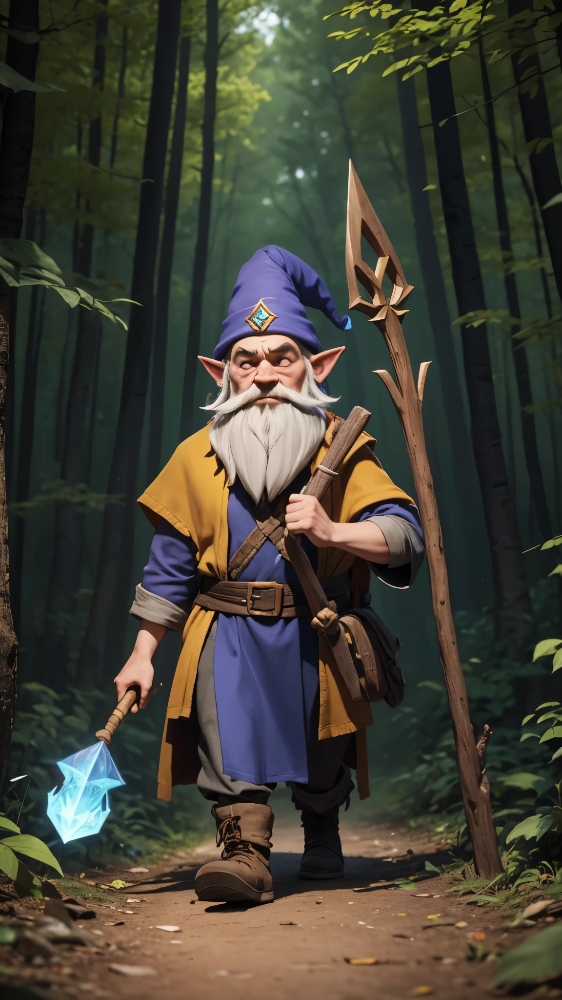 a man little  dressed as a gnome walking on the ground with a stick, wearing a yellow gnome robe, walking in the woods ,witch forest, male wizard, gnome druid, gnome wizard, tail wizard headdress, a mysterious spell-casting wizard, gnomon, drachenlord, spell-casting wizard, sorcerer, evil alchemist dwarf, wizard information-gatherer, game 3D 