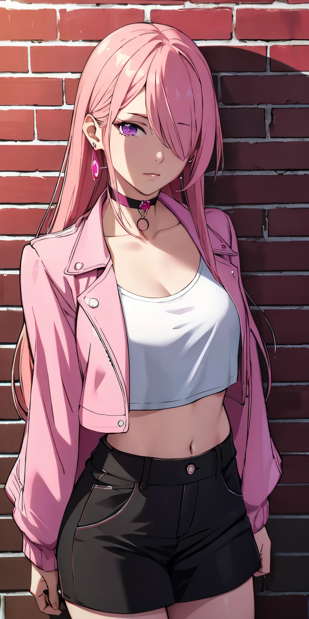 (masterpiece, best quality, 1girl, solo, intricate details, chromatic aberration), realistic, ((medium breath)),long hair, pink hair, red head ornament, pink highlights, hair over one eye,purple eyes, earrings, sharp eyes, choker, neon shirt, open jacket, crop top, (symmetry eyes),(perfect symmetrical body),against wall, brick wall, graffiti, dim lighting, alley ,look at viewer