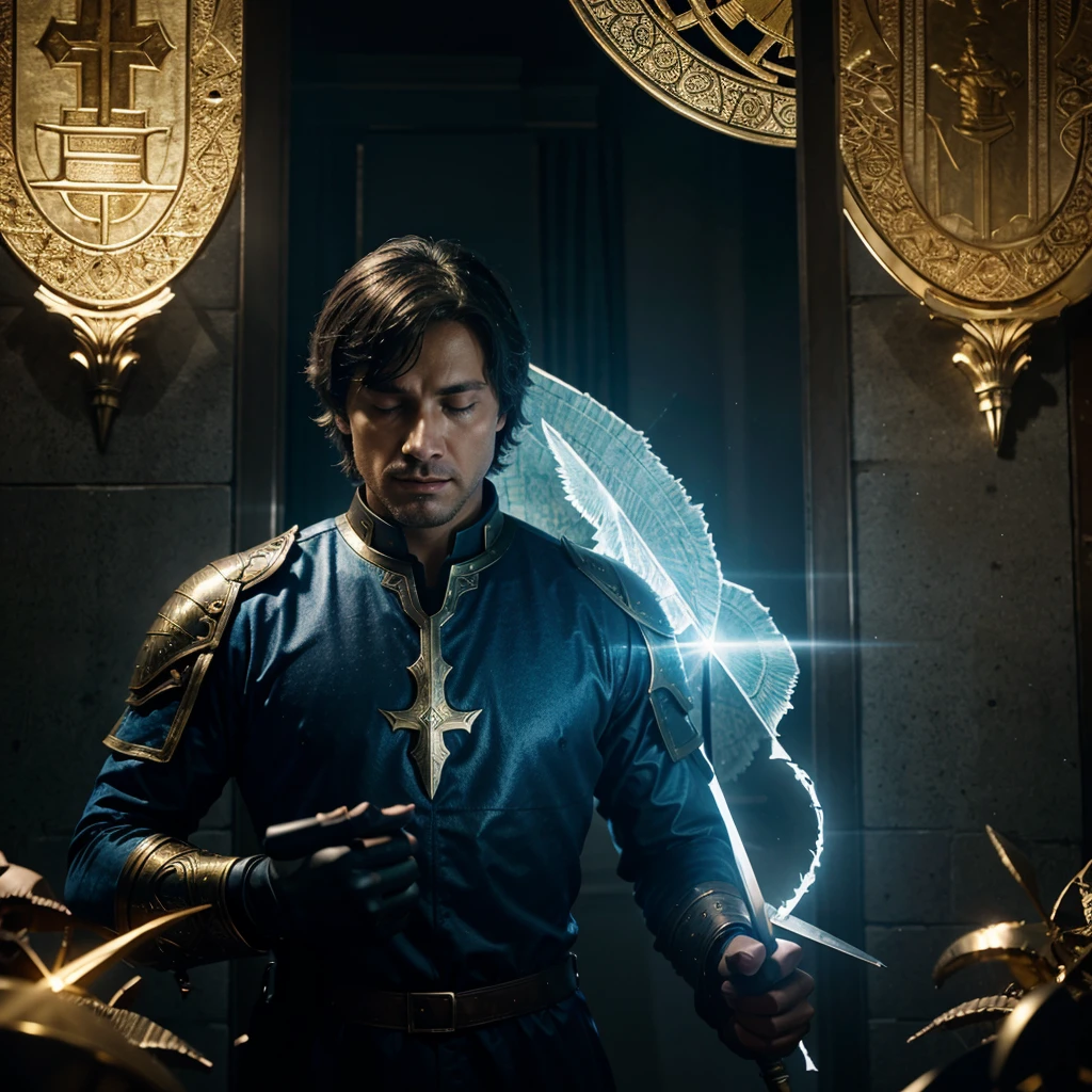 Argo Northrop in knight college, blue wolf ,As a God of Memory, surrounded by countless memories, a man wields a golden sword of light with the tip at a 30° angle, with a broken angelic halo, the surrounding scene is countless multiverse lands arranged in disorder, the man is now showing signs of fading, the man closes his eyes, the scene is like a dream
