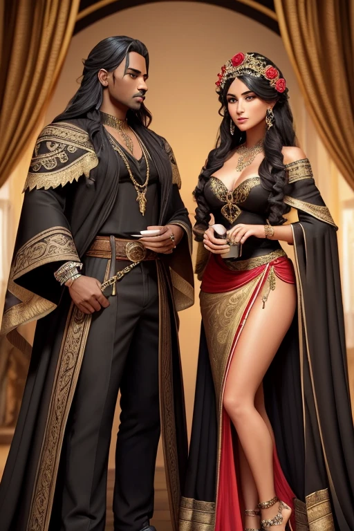 I would like to request the creation of a 3D drawing of a Gypsy Pomba Gira. The character must be brunette, with very fair skin and long flowing hair, In the black color. To add a special touch, She must have a red rose delicately tied in her hair.
The dress must be long, with a layered skirt that combines black and blue colors, adorned with golden details that enhance its beauty. In one hand, she must hold a cup, while in the other he is smoking a cigarillo, displaying a seductive and sexy expression.
Furthermore, the character must be adorned with lots of jewelry that complement the glamorous and enigmatic look of Pomba Gira. The focus should be on capturing the essence of seduction and mystery that this figure represents..
Thank you for your attention and I look forward(a) to see the artistic interpretation of this character!