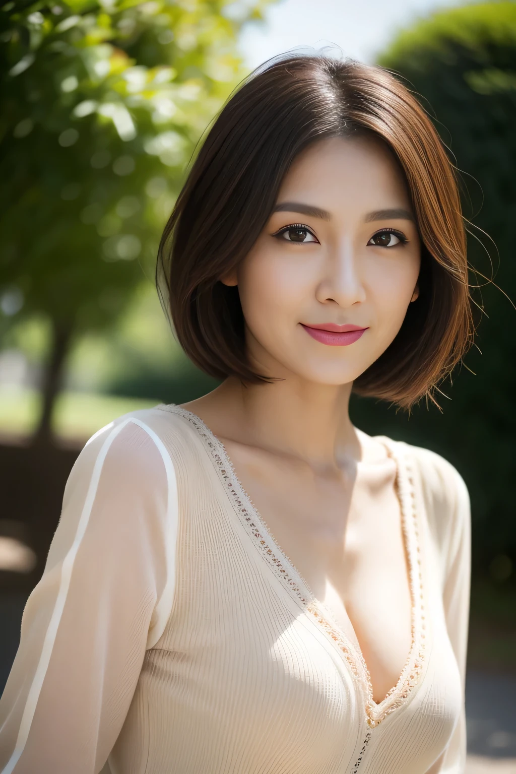 Dark brown hair, Light brown eyes, Japanese women, 40 years old, Intricate details, Upper body photo, (Detailed eyes), (Detailed facial features), Highest quality, Ultra-high resolution, 8k resolution, Written boundary depth, at the park, Medium sized breasts, Cleavage, Wearing a light blouse, (short hair), (View your audience), (Standing in a sexy pose)