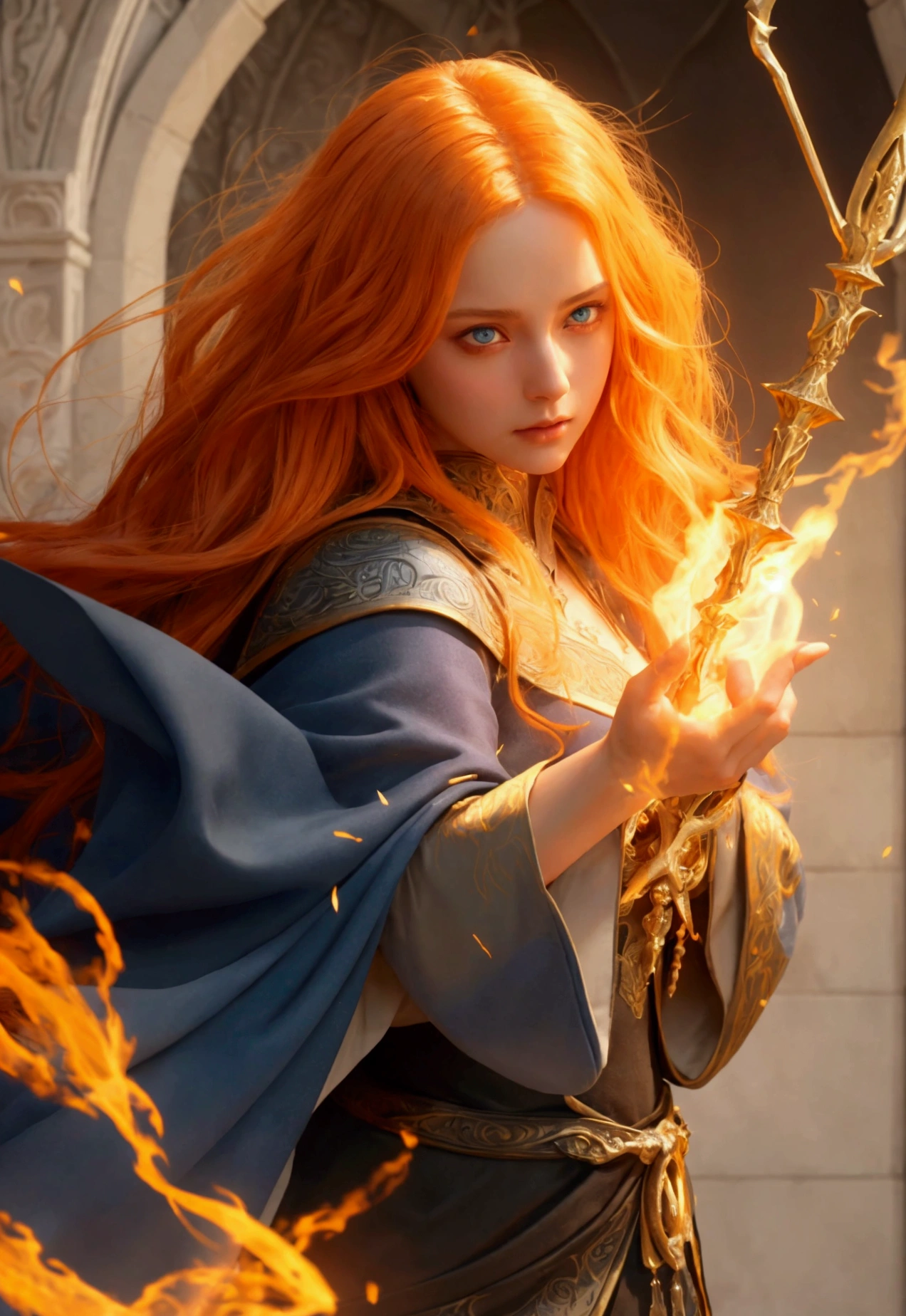arafed high details, best quality, 16k, (ultra detailed: 1.5), masterpiece, best quality, (extremely detailed), dynamic angle, ultra wide shot, photorealistim, RAW, fantasy art, dnd art, fantasy art, realistic art, a wide angle picture of a female aasimar sorceress casting a fire spell, full body  (intense details, Masterpiece, best quality), D&D aasimar, exremley beautiful female aasimar, orange hair, long hair, wavy hair, dynamic eyes color, angelic eyes, radiant magical eyes, ultra detailed face (intense details, Masterpiece, best quality), spread angelic wings, white angelic wings (intense details, Masterpiece, best quality),  wearing [black] robe, wearing blue cloak, long cloak, flowing cloak with fire motifs (intense details, Masterpiece, best quality), armed with magical staff (intense details, Masterpiece, best quality), manipulating fire magical energy (intense details, Masterpiece, best quality), controlling lightning, dark fantasy magical tower background, evil temple background (intense details, Masterpiece, best quality)

