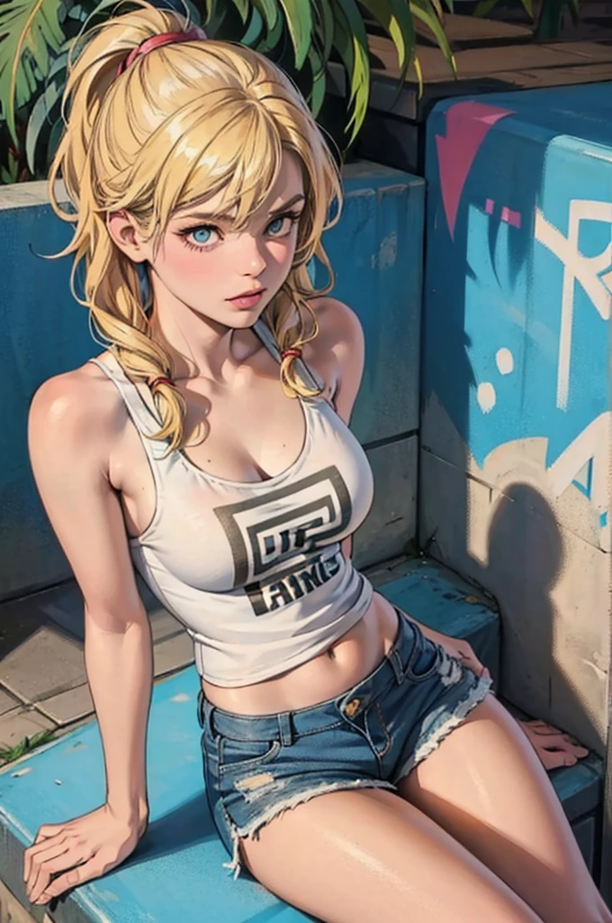 -yeld giwith short wavy blonde hair, hazel eyes, flat chest, model body, wearing a white tank top with a colorful print, hazel Bermuda shorts, posing sitting on a staircase with graffiti, upper body, concrete staircase background with graffiti in a skate park, palm trees, depth on field, Dutch angle, afternoon light, evening, sunset, los angles