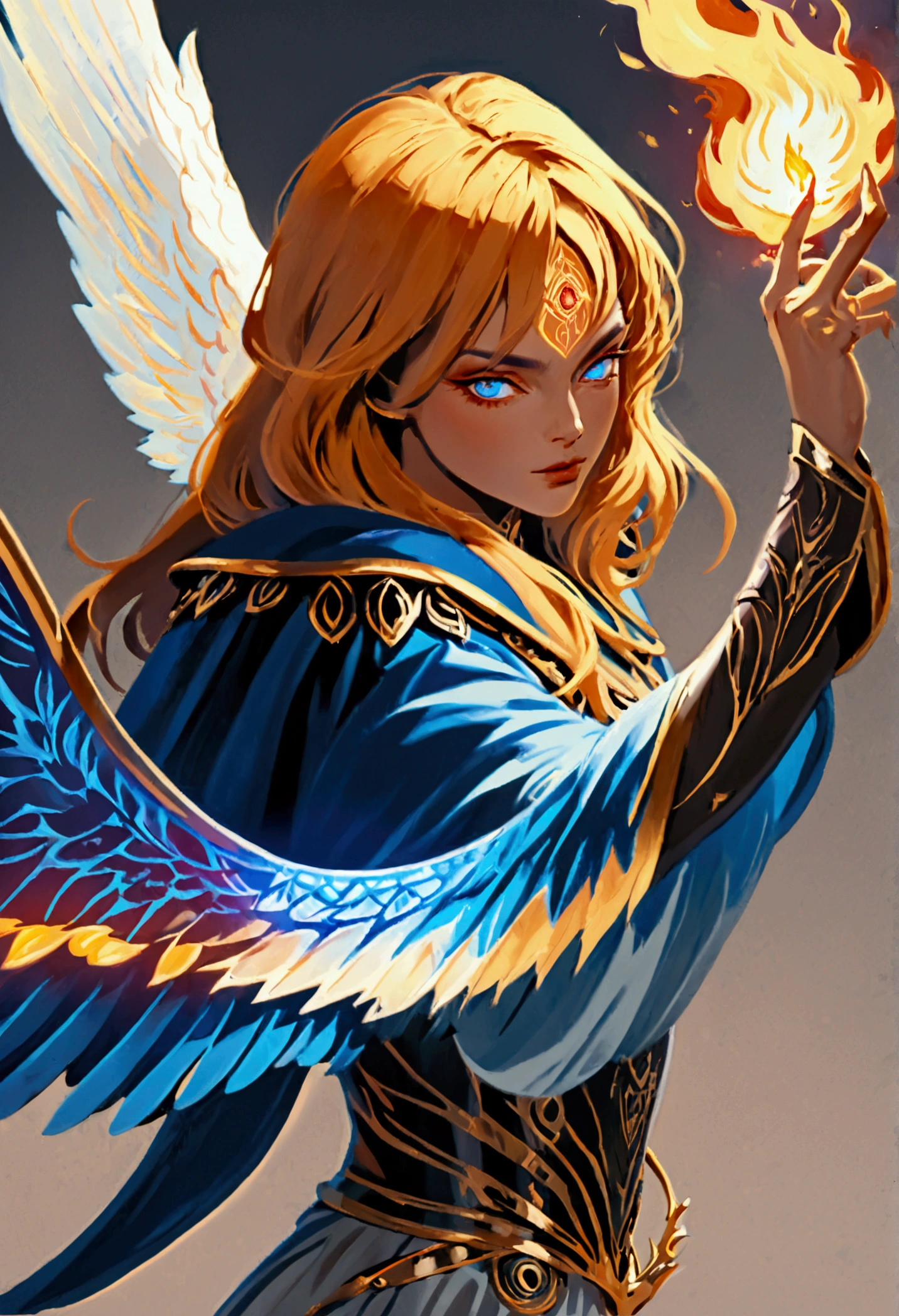 a picture  female aasimar sorceress casting a fire spell,  exremley beautiful female aasimar, orange hair, long hair, wavy hair, dynamic eyes color, angelic eyes, radiant magical eyes, ultra detailed face, spread angelic wings, white angelic wings, wearing dynamic color robe, wearing blue cloak, long cloak, flowing cloak with fire motifs,  armed with magical staff,  manipulating fire magical energy, vibrant, Ultra-high resolution, High Contrast, (masterpiece:1.5), highest quality, Best aesthetics), best details, best quality, highres, 16k, [ultra detailed], masterpiece, best quality, (extremely detailed) RAW, fantasy art, dnd art,