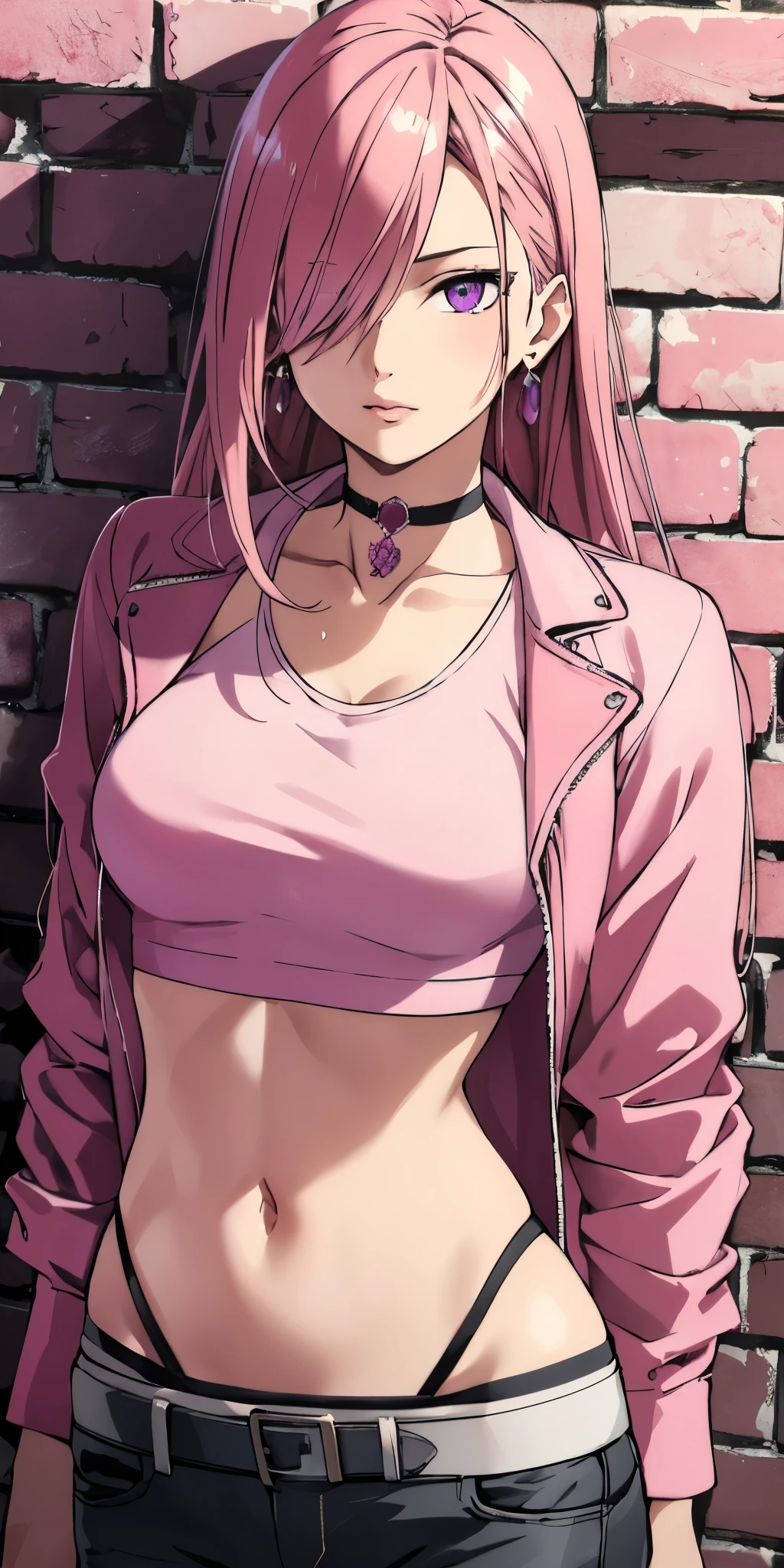 (masterpiece, best quality, 1girl, solo, intricate details, chromatic aberration), realistic, ((medium breath)),long hair, pink hair, red head ornament, pink highlights, hair over one eye,purple eyes, earrings, sharp eyes, choker, neon shirt, open jacket, crop top, (symmetry eyes),(perfect symmetrical body),against wall, brick wall, graffiti, dim lighting, alley ,look at viewer