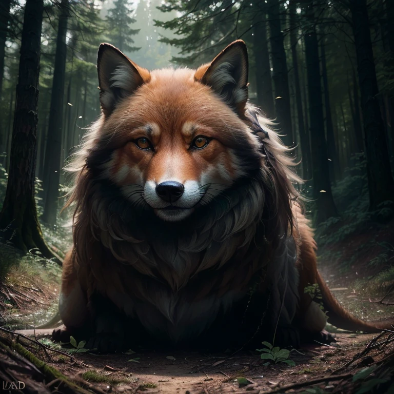 there is a dog that is lying in the forest, Portrait of Forest Gog, Lt. Adam Marczyński, dramatic and detailed cinematic fur, portrait of an anthro fox, digital art animal photo, Wojtek FUS, hyper realistic fur, by Marten Post, Lt. Tadeusz Pruszkówski, fierce expression 4k, portrait dragon feet,