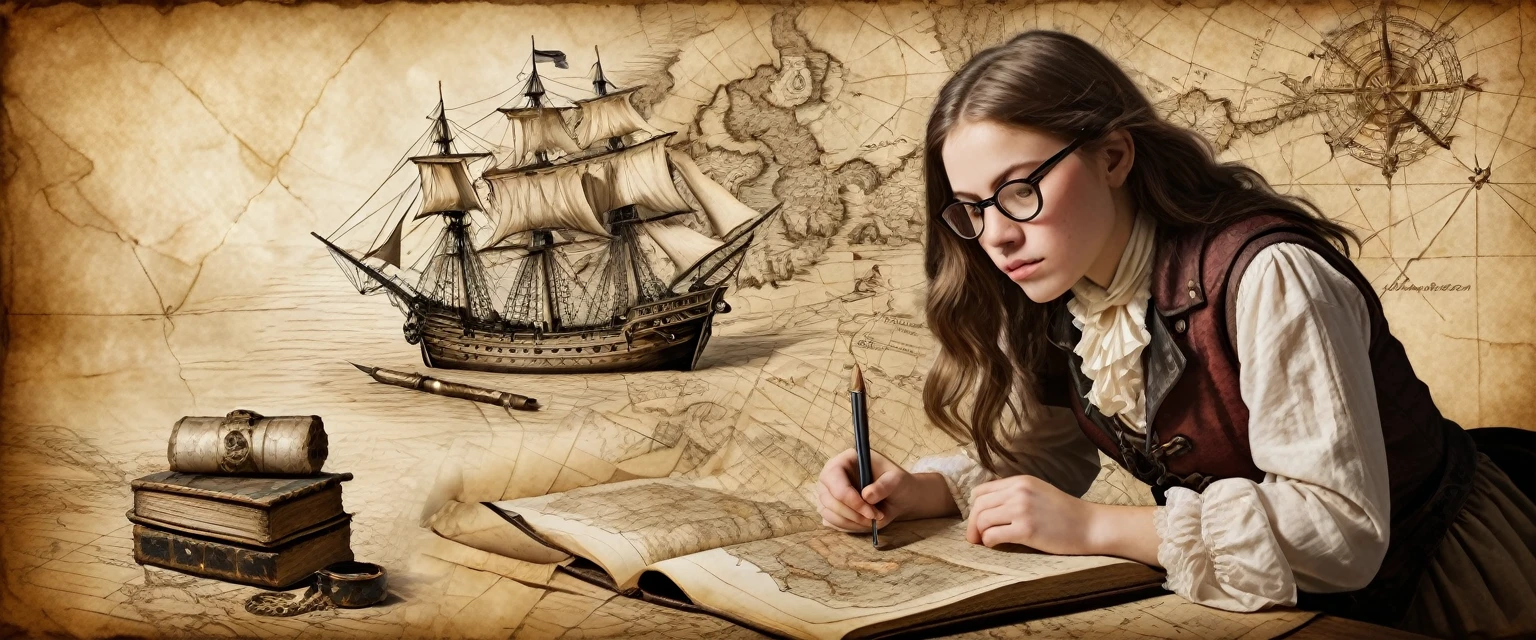 Portrait of a beautiful Victorian girl with glasses reading an ancient manuscript, drawn on paper,sketch,old parchment,pencil sketch,Stereoscopic light and shadow,against the background of a pirate treasure map, image of a girl to the right of the center of the picture at the edge,
(Detailed map of Treasure Island on ancient parchment, Rose of Wind, compass), documentation,Rich and delicate strokes,