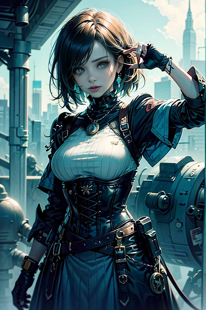 Masterpiece in high resolution 4K, inspired by the style "((Resident Evil)), "StarCraft II", ARK: Survival Evolved" with modern touches. | A charming woman, wearing an elegant blue dress and a blue tie, reveals her upper torso in a half-body portrait. She is wrapped in a cyan corset, highlighting an elegant design and blue details throughout the outfit. Your hands are delicately positioned behind the body, creating a gracefully challenging pose. | The camera is focused on the woman, capturing her unique appearance and unusual style. | Composition with emphasis on half-body portrait. | Soft lighting highlights the details of the dress and corset, while a subtle blue hue permeates the entire scene, adding a charming atmosphere. | Portrait of an elegant woman in a blue dress and cyan corset, with her hands behind her body in a challenging pose. | {The camera is positioned very close to her, revealing her entire upper body as she adopts a pose with her hands behind her body in a captivating way} | ((perfect_pose):1), ((upper_body), ((hands_behind_body_pose):1), ((short_torso):1), ((mid_body_portrait):1), ((blue_corset):1), More_Detail.