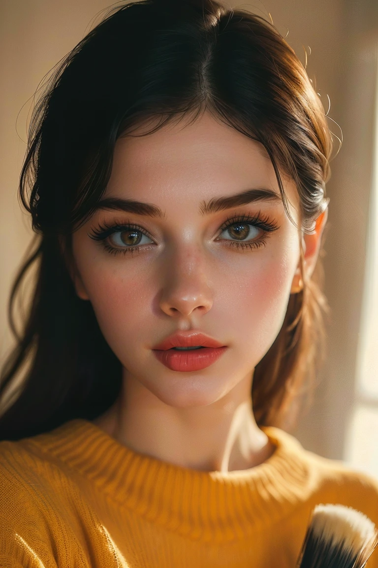 (((ultra realistic))) Photo, masterpiece, top quality, (pale skin), (Ultra detailed face and eyes:1.3), 1 girl in a T-shirt, (Eye makeup, mascara) , ((a close up of a woman holding a brush and a yellow sweater, beautiful aesthetic face, popular korean makeup, popular south korean makeup, beautiful asian girl, realistic. cheng yi, asian beautiful face, beautiful south korean woman, beautiful young woman, girl, light makeup, soft makeup, beautiful delicate face, girl cute-fine-face, cute - fine - face