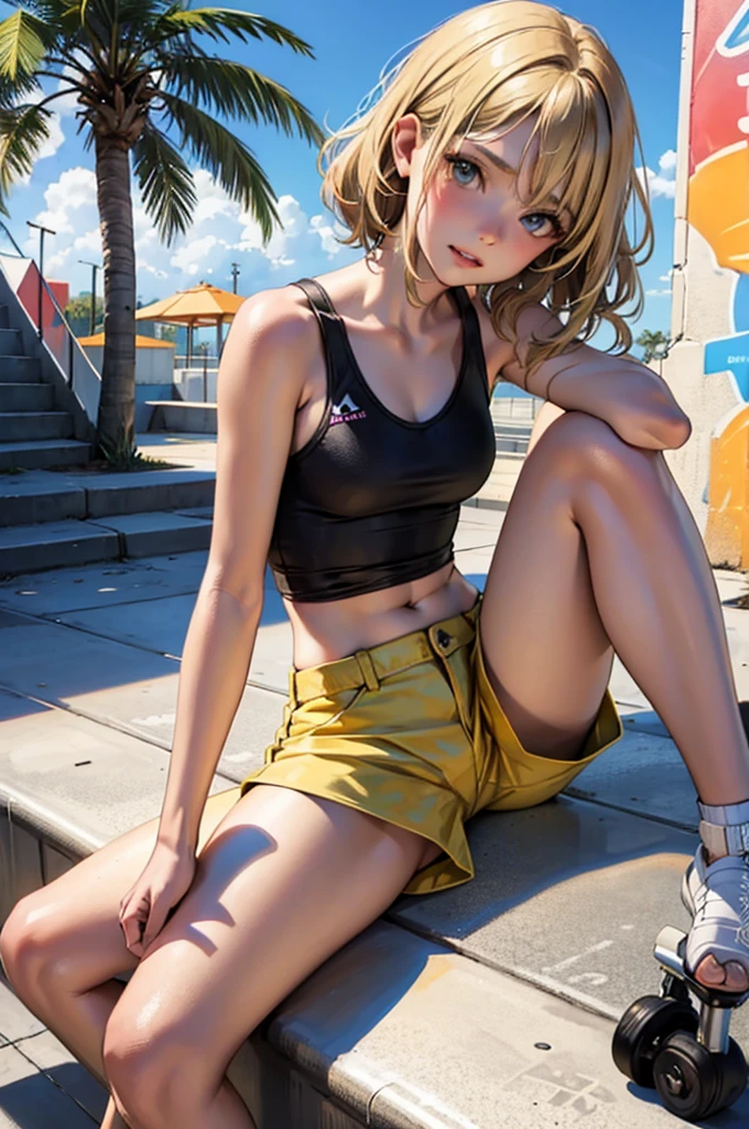 **************** with short wavy blonde hair, hazel eyes, flat chest, model body, wearing a white tank top with a colorful print, hazel Bermuda shorts, posing sitting on a staircase with graffiti, upper body, concrete staircase background with graffiti in a skate park, palm trees, depth on field, Dutch angle, afternoon light, evening, sunset, los angles