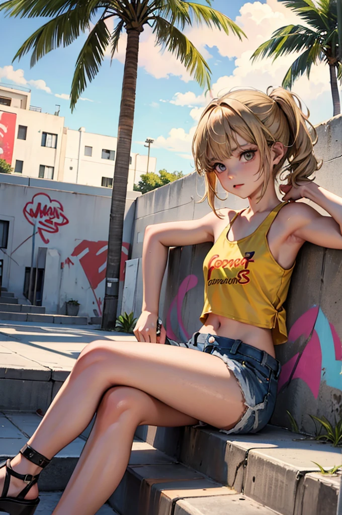 **************** with short wavy blonde hair, hazel eyes, flat chest, model body, wearing a white tank top with a colorful print, hazel Bermuda shorts, posing sitting on a staircase with graffiti, upper body, concrete staircase background with graffiti in a skate park, palm trees, depth on field, Dutch angle, afternoon light, evening, sunset, los angles