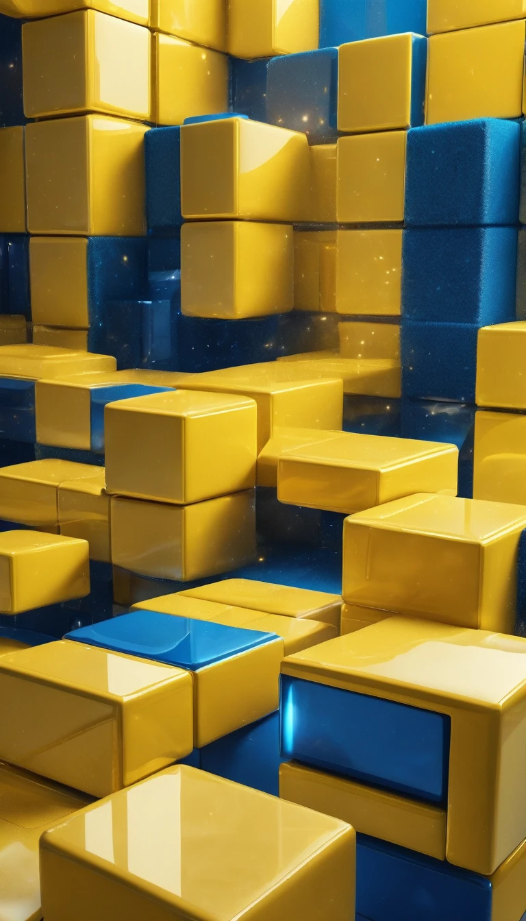 All yellow, abstract, curly fabric on square blocks, clothes, blockchain's hash calculation, futuristic, blue Rembrandt lights style, 8k with 4D, mechanics, shiny lights vivid, realism, photo abstract, smoke