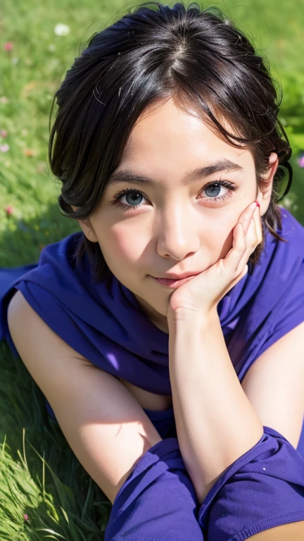 ((masterpiece:1.4)), (High resolution:1.4), (Lying on the grass:1.5), Sexy pose, One girl:1.5, alone, outside, internal (dq3), One girl, alone, short hair, Brown Hair, blue eyes, Circlet, Muscular、Cleavage, Strapless, Blue clothes, Purple Cape, Knee socks, Elbow hand pockets, boots, belt, sheath, knee boots, Beautiful smile, Beautiful Face, Highly detailed face, Highly detailed eyes, Highly detailed skin, Skin pores, Realistic pupils, Blush all over face, Fuller lips, (Perfect Anatomy:1.1), (Perfect Proportions:1.1), (photograph:1.1), (photoRealistic:1.1), Volumetric lighting, Dynamic Lighting, True Shadow, (High resolution:1.1), Sharp focus, Dawn, (Realistic, hyperRealistic:1.4), Complex, Attention to detail, dramatic, Scattered beneath the surface, Large depth of field, Vivid, Polished, Honed, ((Full Sharp)), (Very absurd),16k hdr,
