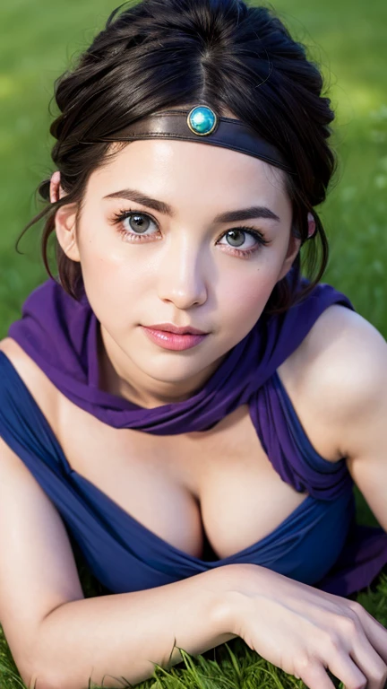 ((masterpiece:1.4)), (High resolution:1.4), (Lying on the grass:1.5), ???? pose, One girl:1.5, alone, outside, internal (dq3), One girl, alone, short hair, Brown Hair, blue eyes, Circlet, Muscular、Cleavage, Strapless, Blue clothes, Purple Cape, Knee socks, Elbow hand pockets, boots, belt, ??????, knee boots, Beautiful smile, Beautiful Face, Highly detailed face, Highly detailed eyes, Highly detailed skin, Skin pores, Realistic pupils, Blush all over face, Fuller lips, (Perfect ???????:1.1), (Perfect Proportions:1.1), (photograph:1.1), (photoRealistic:1.1), Volumetric lighting, Dynamic Lighting, True Shadow, (High resolution:1.1), Sharp focus, Dawn, (Realistic, hyperRealistic:1.4), Complex, Attention to detail, dramatic, Scattered beneath the surface, Large depth of field, Vivid, Polished, Honed, ((Full Sharp)), (Very absurd),16k hdr,