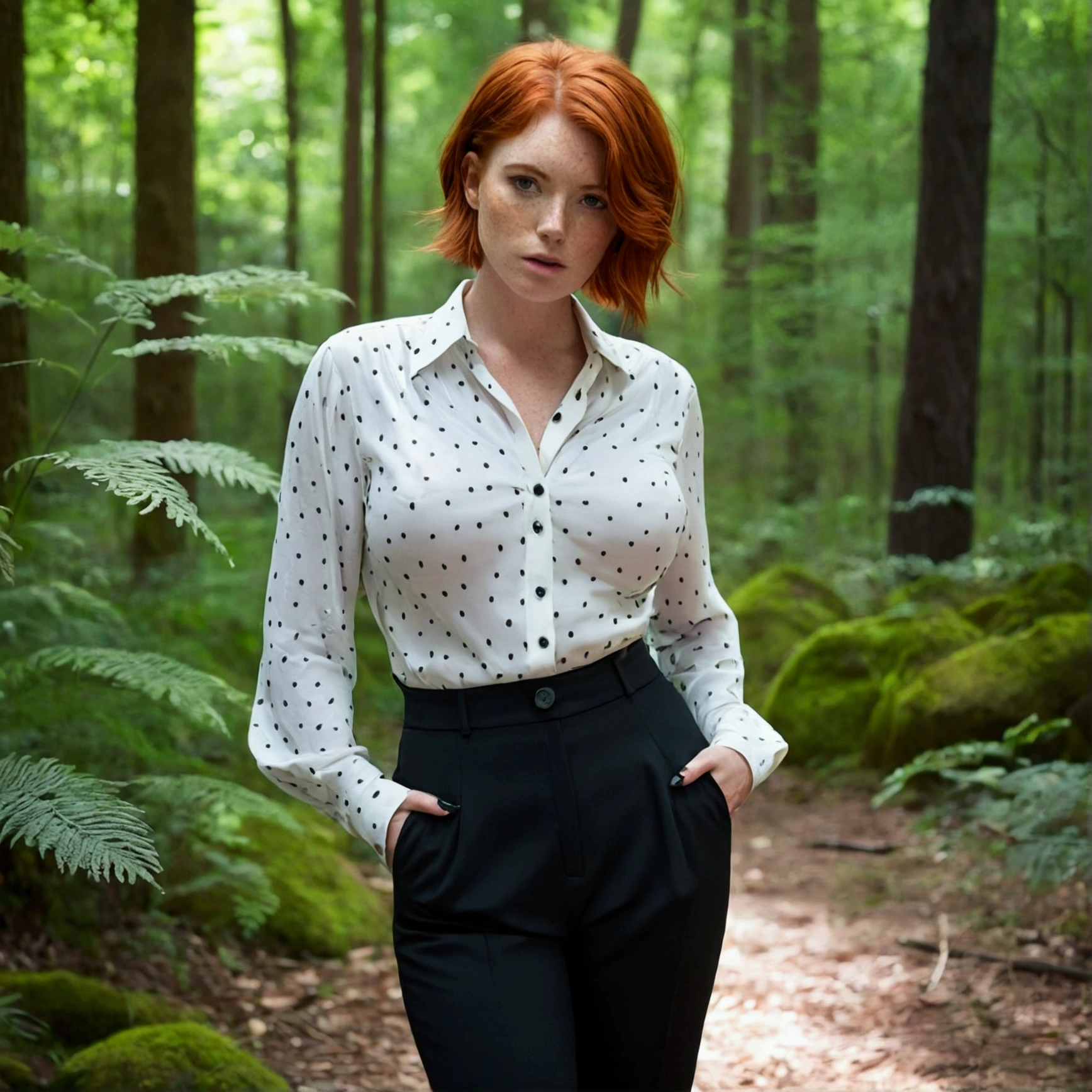 Girl , Red-Haired , freckles , shy short hair , very large breasts , wears a blouse, Blouse buttoned up to the top, visible buttons on the blouse, adult ,Sleeve style suit, whole body, fullbody, black trousers, black high heels, in forest, other pose