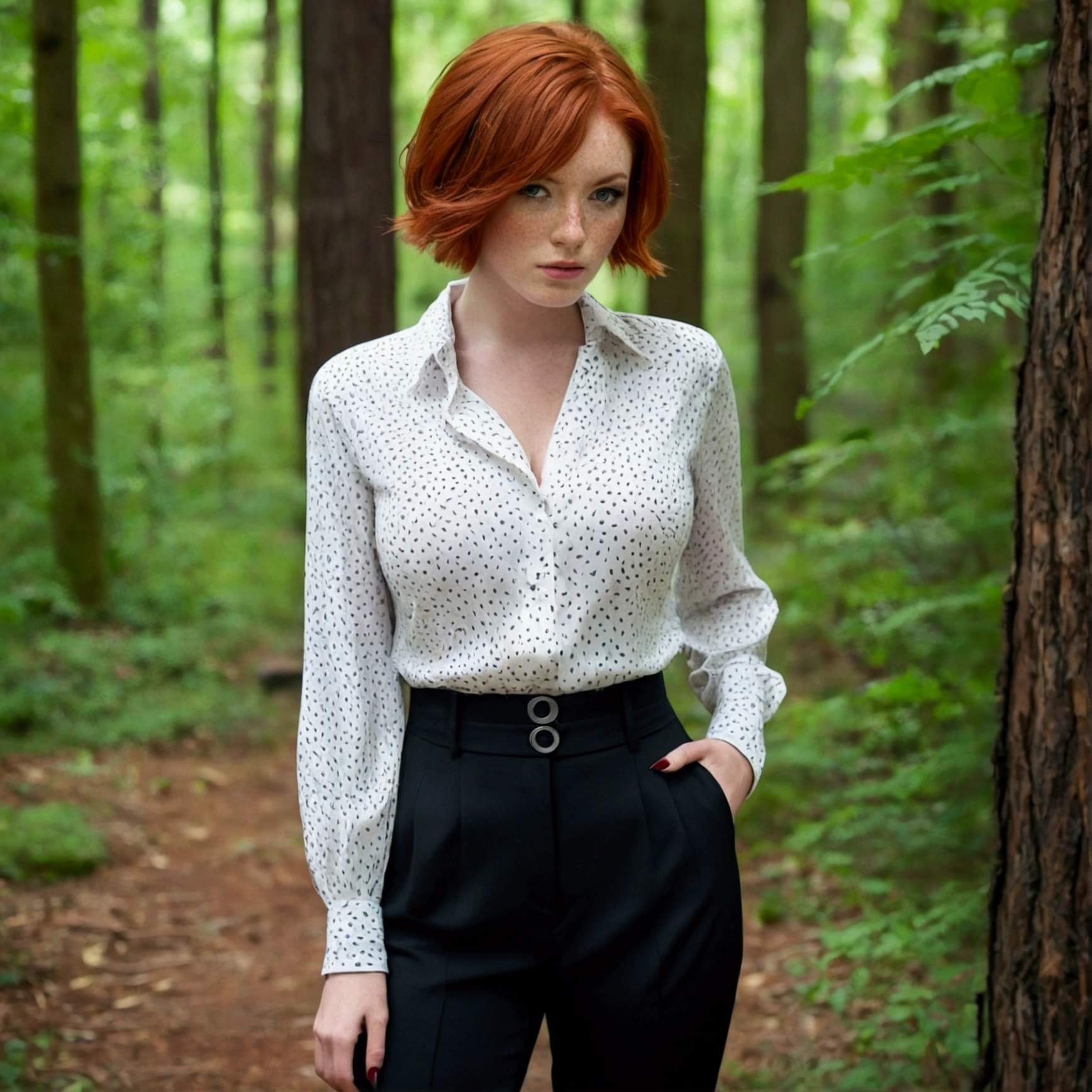 Girl , Red-Haired , freckles , shy short hair , very large breasts , wears a blouse, Blouse buttoned up to the top, visible buttons on the blouse, adult ,Sleeve style suit, whole body, fullbody, black trousers, black high heels, in forest, other pose 