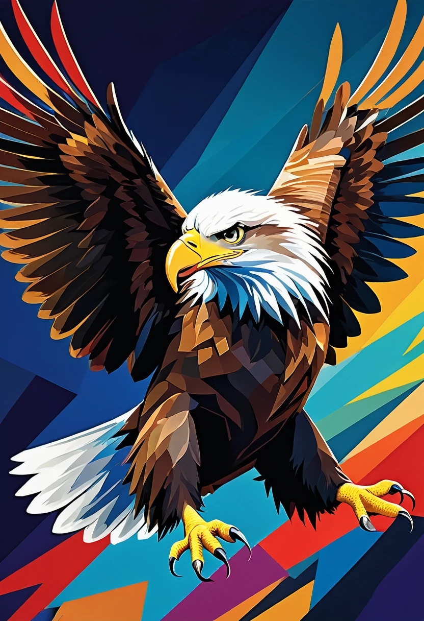 "Visualize an interpretation of an eagle. To capture its movement and energy in a unique and abstract way. Incorporate bold colors and sharp angles, to convey a feeling of movement and tension. Play with perspective and layering, to create a multidimensional composition, which questions traditional notions of space and form. Be inspired by the avant-garde spirit and see nature in a fresh and innovative light.. Unleash your creativity, as you bring this imaginative scene to life on the screen