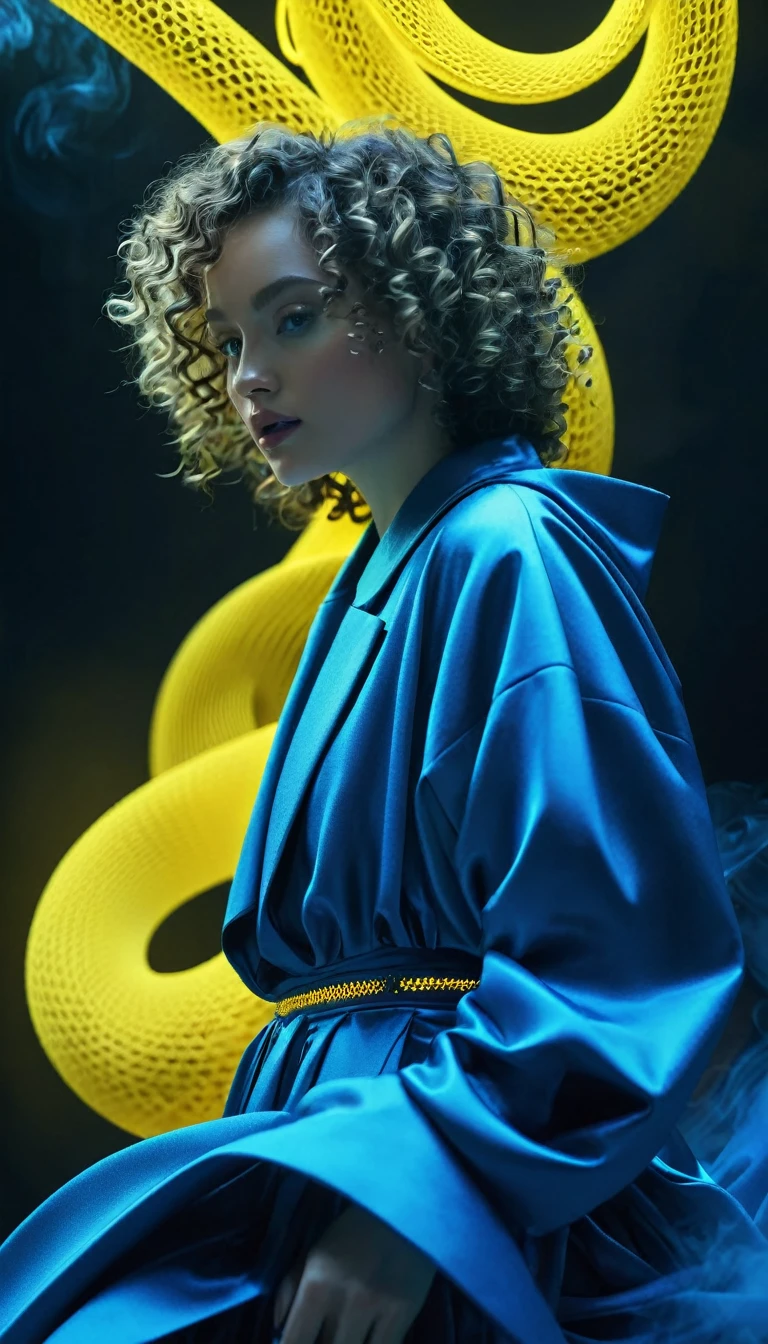 All yellow, abstract, curly fabric, clothes, blockchain's hash calculation, futuristic, blue Rembrandt lights style, 8k with 4D, mechanics, shiny lights vivid, realism, photo abstract, smoke