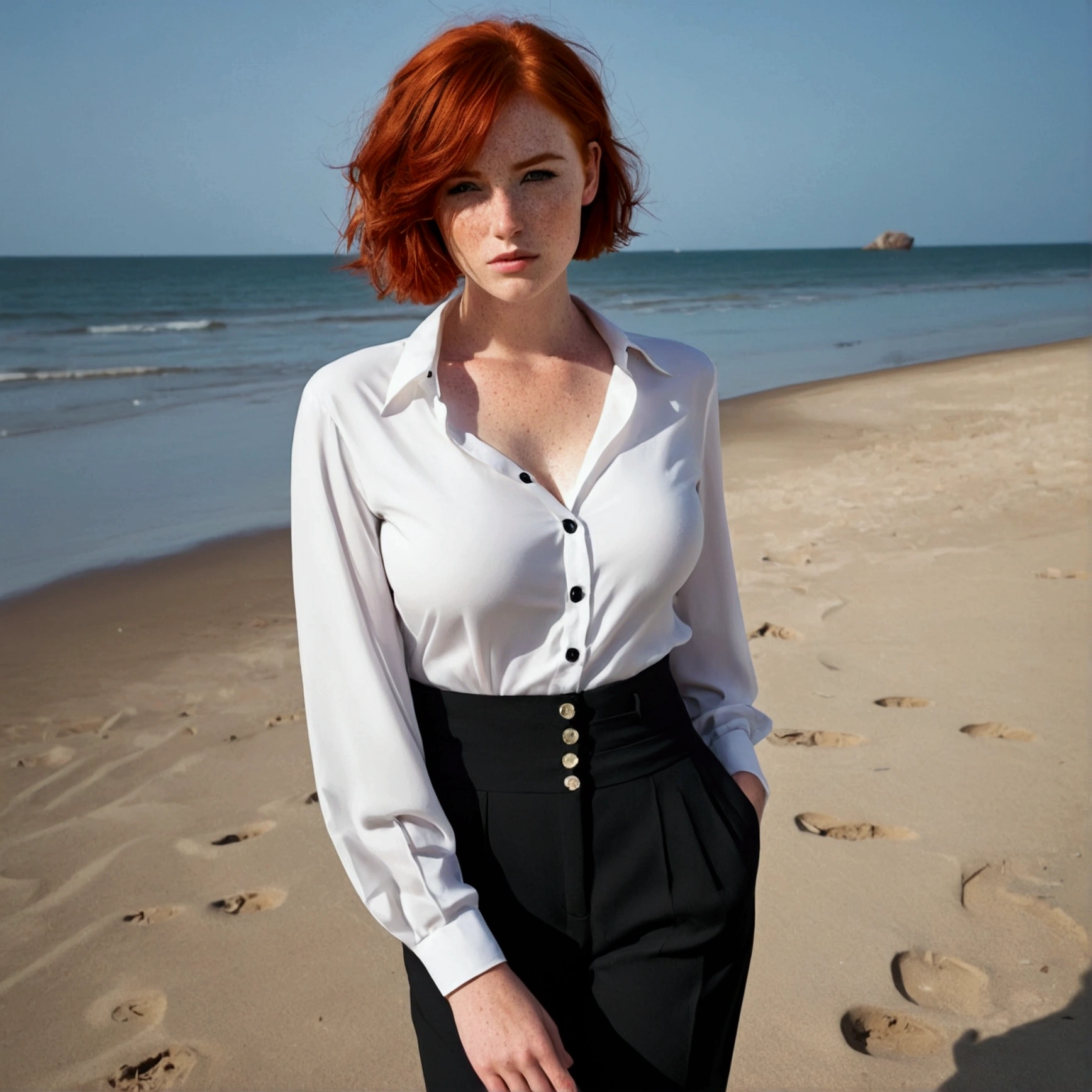 Girl , Red-Haired , freckles , shy short hair , very large breasts , wears a blouse, Blouse buttoned up to the top, visible buttons on the blouse, adult ,Sleeve style suit, whole body, fullbody, black trousers, black high heels, in the beach, other pose 