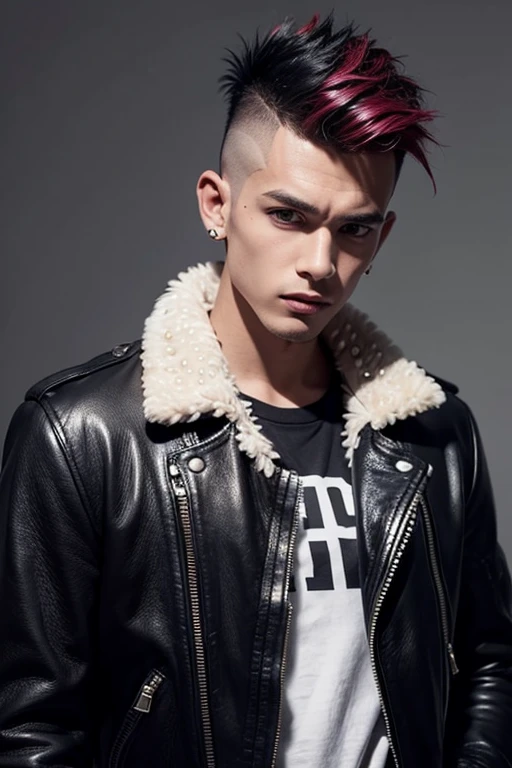 An image of a man punk with a mohawk, dressed in a leather jacket with studs.