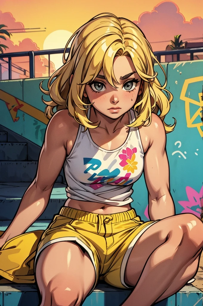 10-year-old girl with short wavy blonde hair, hazel eyes, flat chest, model body, wearing a white tank top with a colorful print, hazel Bermuda shorts, posing sitting on a staircase with graffiti, upper body, concrete staircase background with graffiti in a skate park, palm trees, depth on field, Dutch angle, afternoon light, evening, sunset, los angles