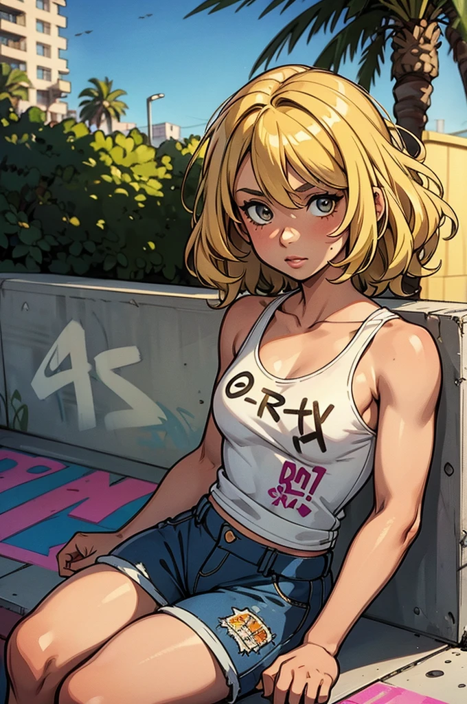 -yeld giwith short wavy blonde hair, hazel eyes, flat chest, model body, wearing a white tank top with a colorful print, hazel Bermuda shorts, posing sitting on a staircase with graffiti, upper body, concrete staircase background with graffiti in a skate park, palm trees, depth on field, Dutch angle, afternoon light, evening, sunset, los angles