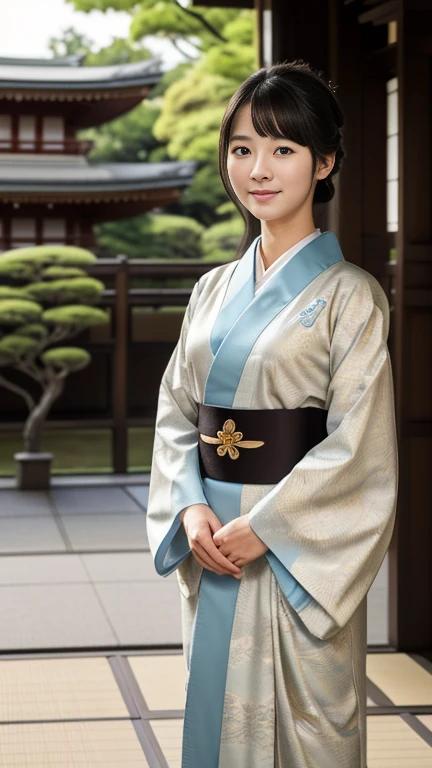 Front view , ((Full-body, standing on floor)), a Japanese ancient girl, looking at viewer, beautiful Japanese Young General, girl is 20 years old, (Highly detailed face, Black hair ,Brown eye, Variegated eyes, Fuller lips, little Lips, little smile), (middle breasts, middle hip), (Japanese kimono), standing in Japanese Palace, near Garden, sunset ,(masterpiece, Highest quality, masterpiece, God-like quality, Godly art, , Very realistic)
