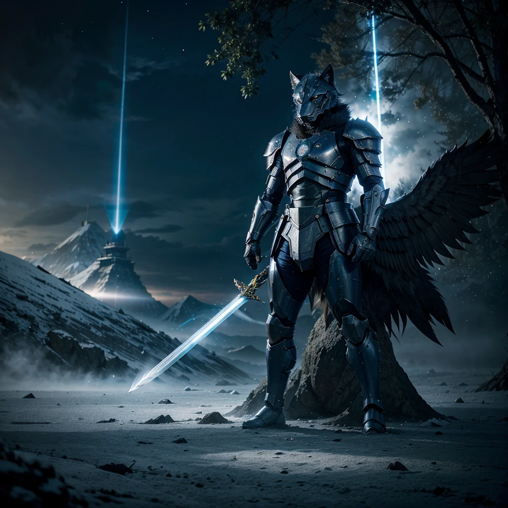 kaijyu-09 knight college argo northrop, anime, blue wolf , furry , As a God of Memory, surrounded by countless memories, wields a memory sword of light with the tip at a 30° angle, with a broken angelic halo, the surrounding scene is countless multiverse lands arranged in disorder, is now showing signs of fading, closes eyes, the scene is like a dream core,