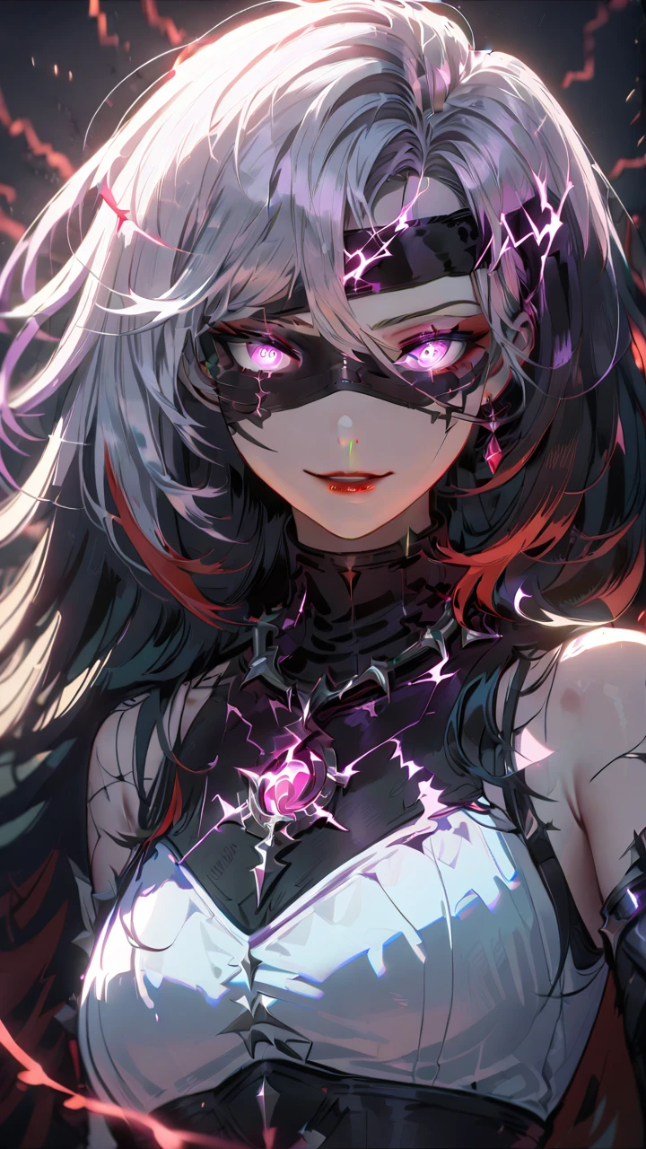 1girl, (blindfold), split-color hair:1.3, long hair, red lips, evil smile , white dress, see-through sleeve, pale skin, crown of thorns , dramatic lighting, soft shadow, masterpiece, best quality, safe, SFW, very aesthetic, recent, absurdres, highres, lightning, glowing,