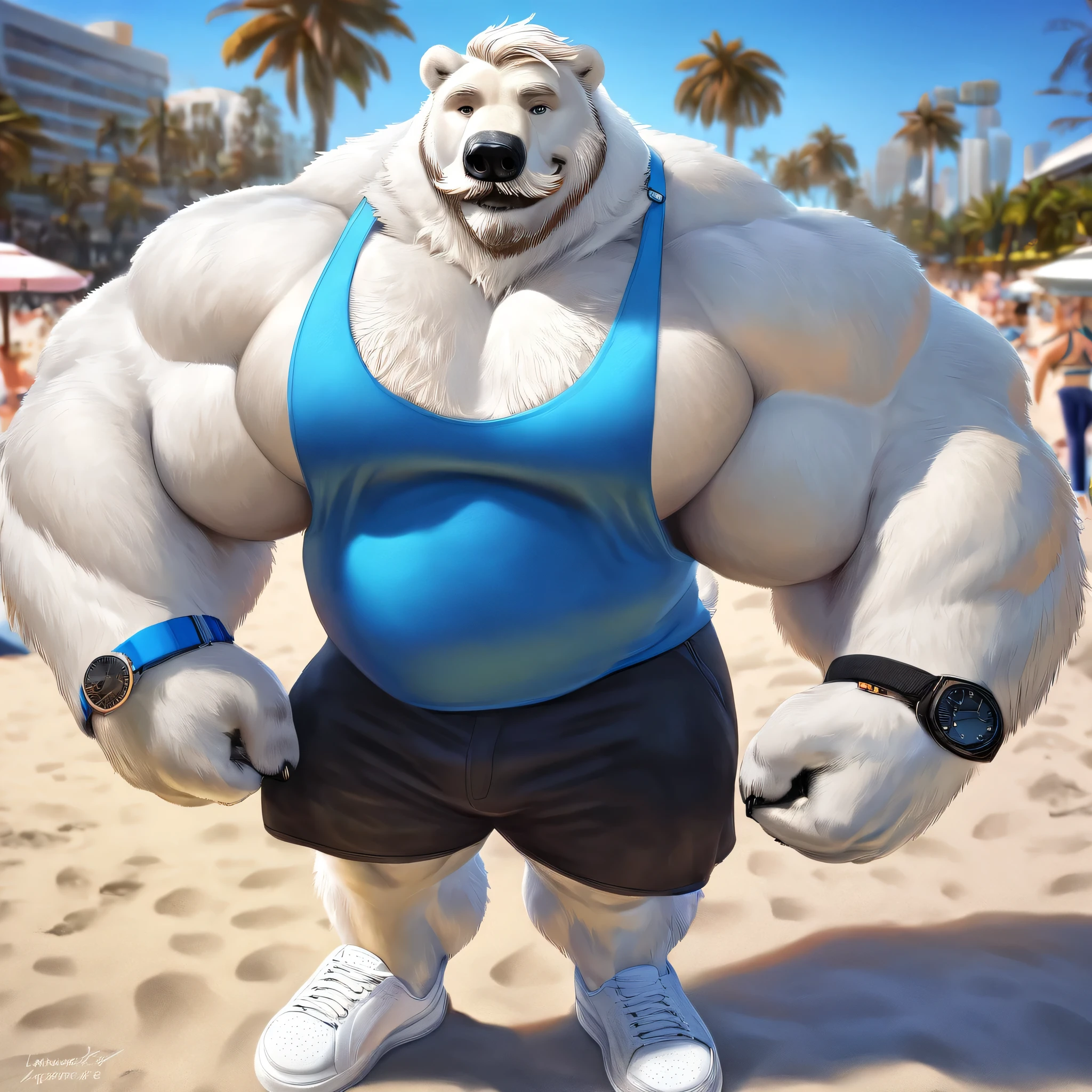 huge muscular polar bear in L.A. beach, big smile, polar bear, huge white fur, thick arm, huge arm, mustache, bearded. white hair and beard, bearded, (huge muscular, huge pectoral, wide pectoral, huge thick arms), correct anatomy, beach, palm, realistic, 8k, masterpiece, deatiled eyes, (wearing black shorts, wristband, watch, blue tank top and white shoes), rumbling his chest