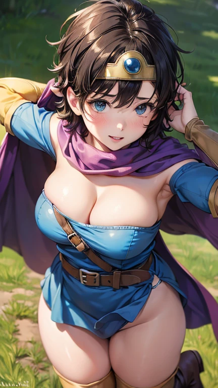 ((masterpiece:1.4)), (High resolution:1.4), Standing on the grass, Sexy pose, One girl:1.5, alone, outside, internal (dq3), One girl, alone, short hair, Brown Hair, blue eyes, Circlet, Muscular、Strapless, Blue clothes, Purple Cape, Knee socks, Elbow hand pockets, boots, belt, sheath, knee boots, Beautiful smile, Beautiful Face, Highly detailed face, Highly detailed eyes, Highly detailed skin, Skin pores, Realistic pupils, Blush all over face, Fuller lips, (Perfect Anatomy:1.1), (Perfect Proportions:1.1), (photograph:1.1), (photoRealistic:1.1), Volumetric lighting, Dynamic Lighting, True Shadow, (High resolution:1.1), Sharp focus, Dawn, (Realistic, hyperRealistic:1.4), Complex, Attention to detail, dramatic, Scattered beneath the surface, Large depth of field, Vivid, Polished, Honed, ((Full Sharp)), (Very absurd),16k hdr,
